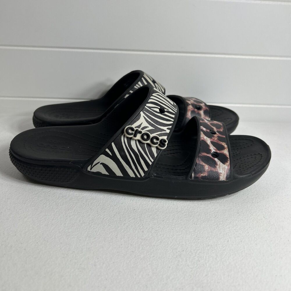 Crocs Classic Animal Remix Slide Sandals Zebra Leopard Women 8 Slip on Comfort